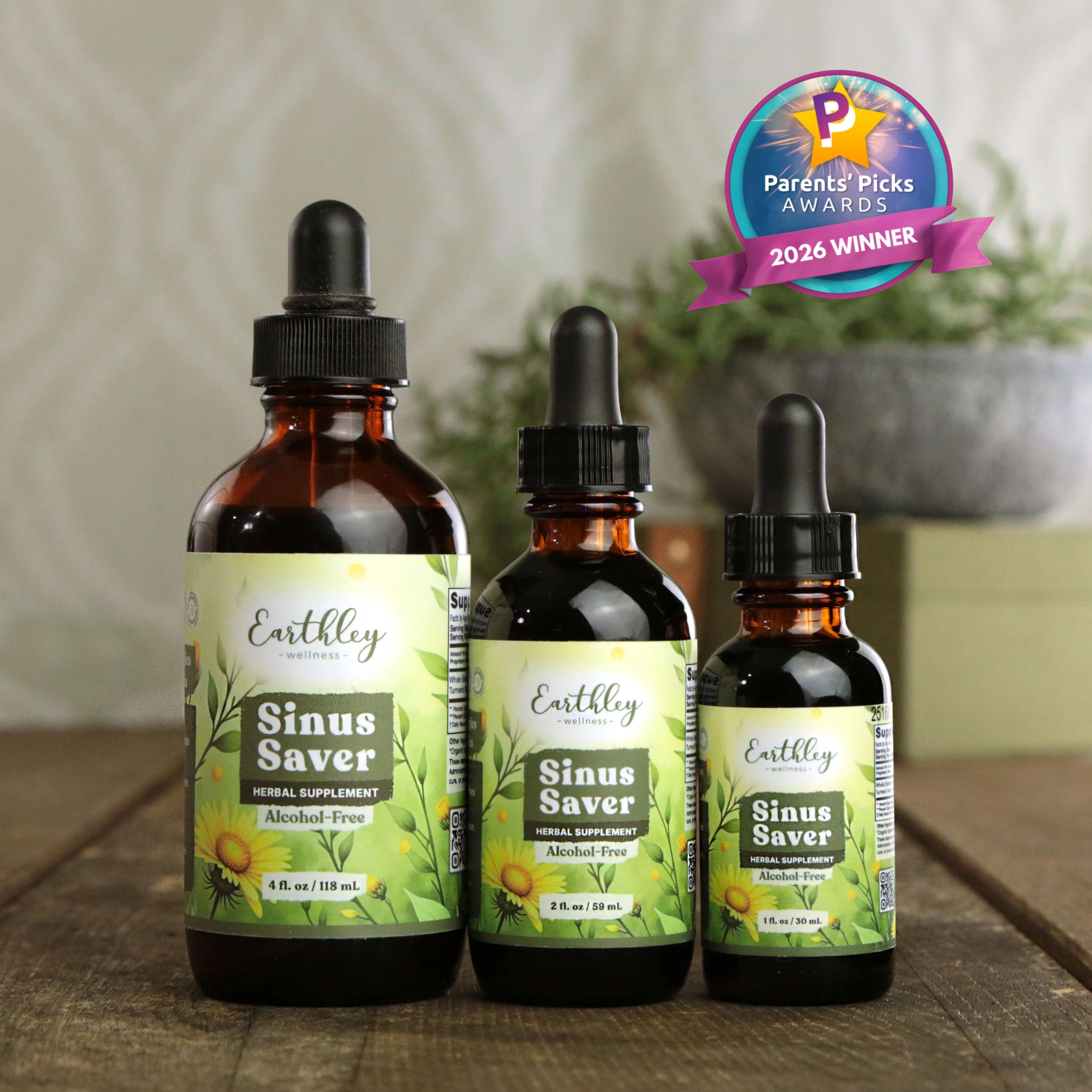 Three amber glass bottles of Earthley Sinus Saver herbal supplement in different sizes with Parents' Picks Awards 2026 Winner badge
