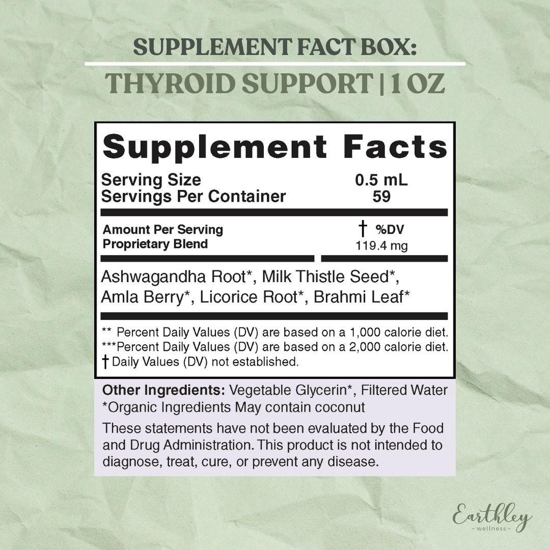 Supplement facts label for Thyroid Support tincture showing serving size, ingredients, and FDA disclaimer