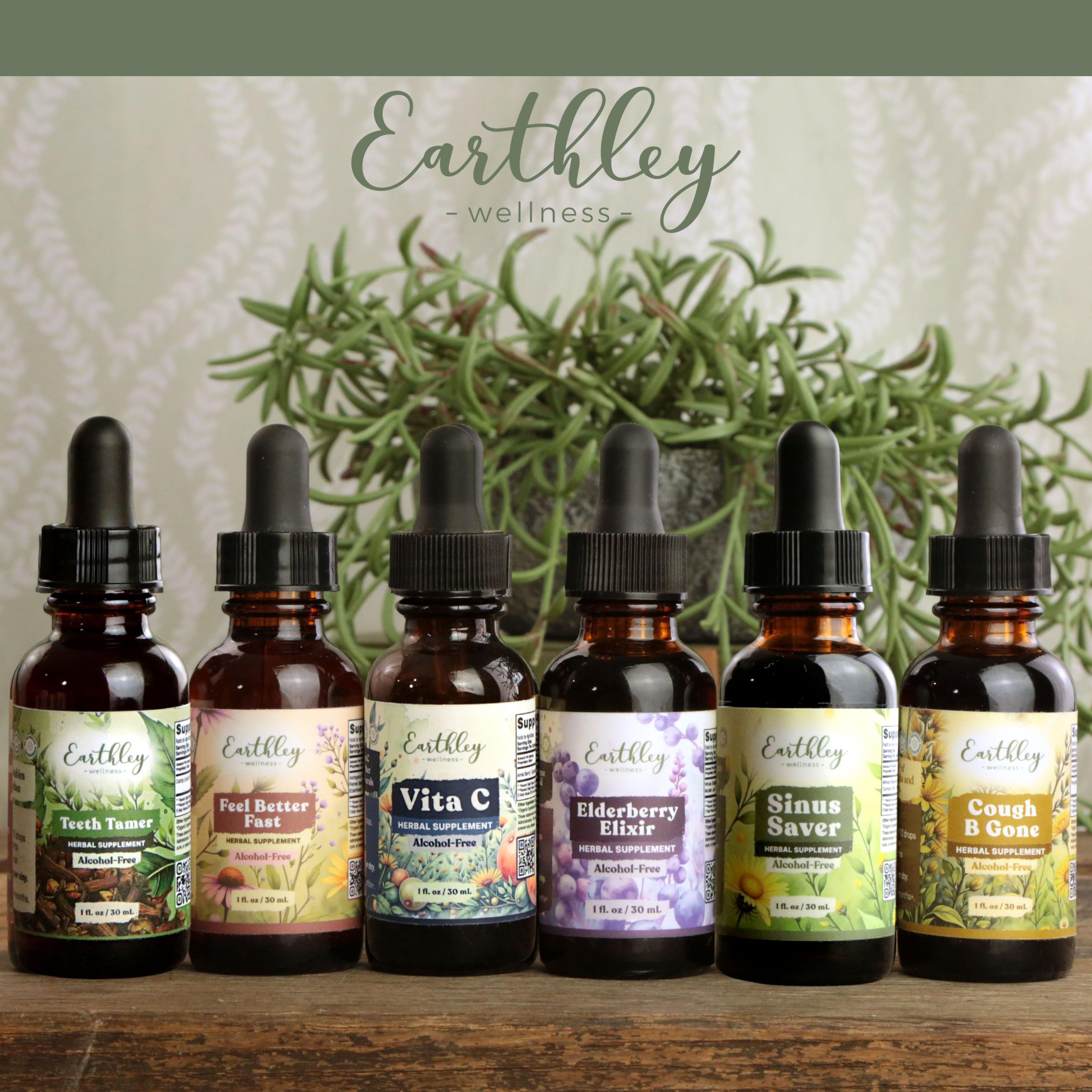 Six Earthley Wellness herbal tincture bottles: Teeth Tamer, Feel Better Fast, Vita C, Elderberry Elixir, Sinus Saver, Cough B Gone