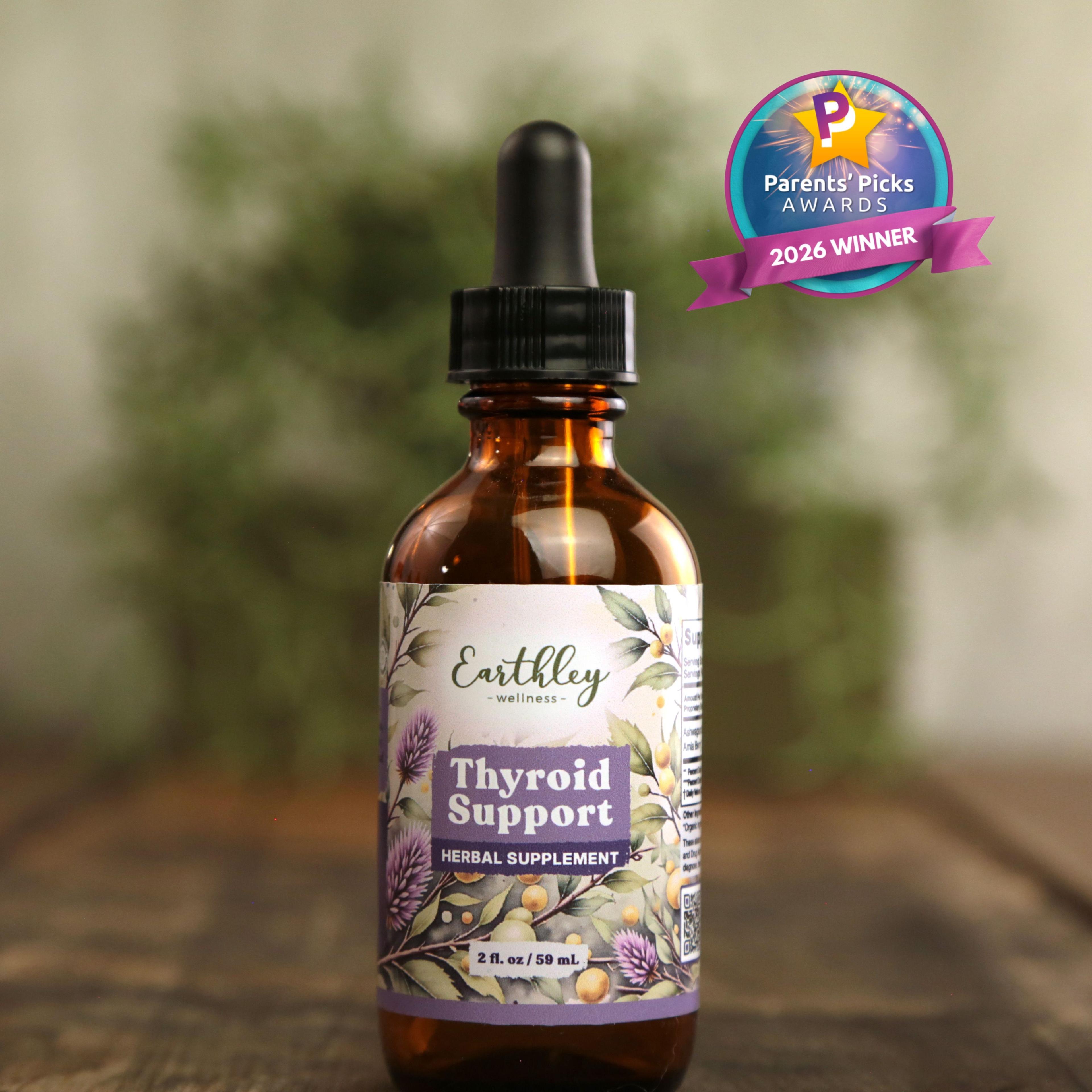 Earthley Wellness Thyroid Support herbal supplement tincture bottle with dropper and Parents' Picks Awards 2026 Winner badge