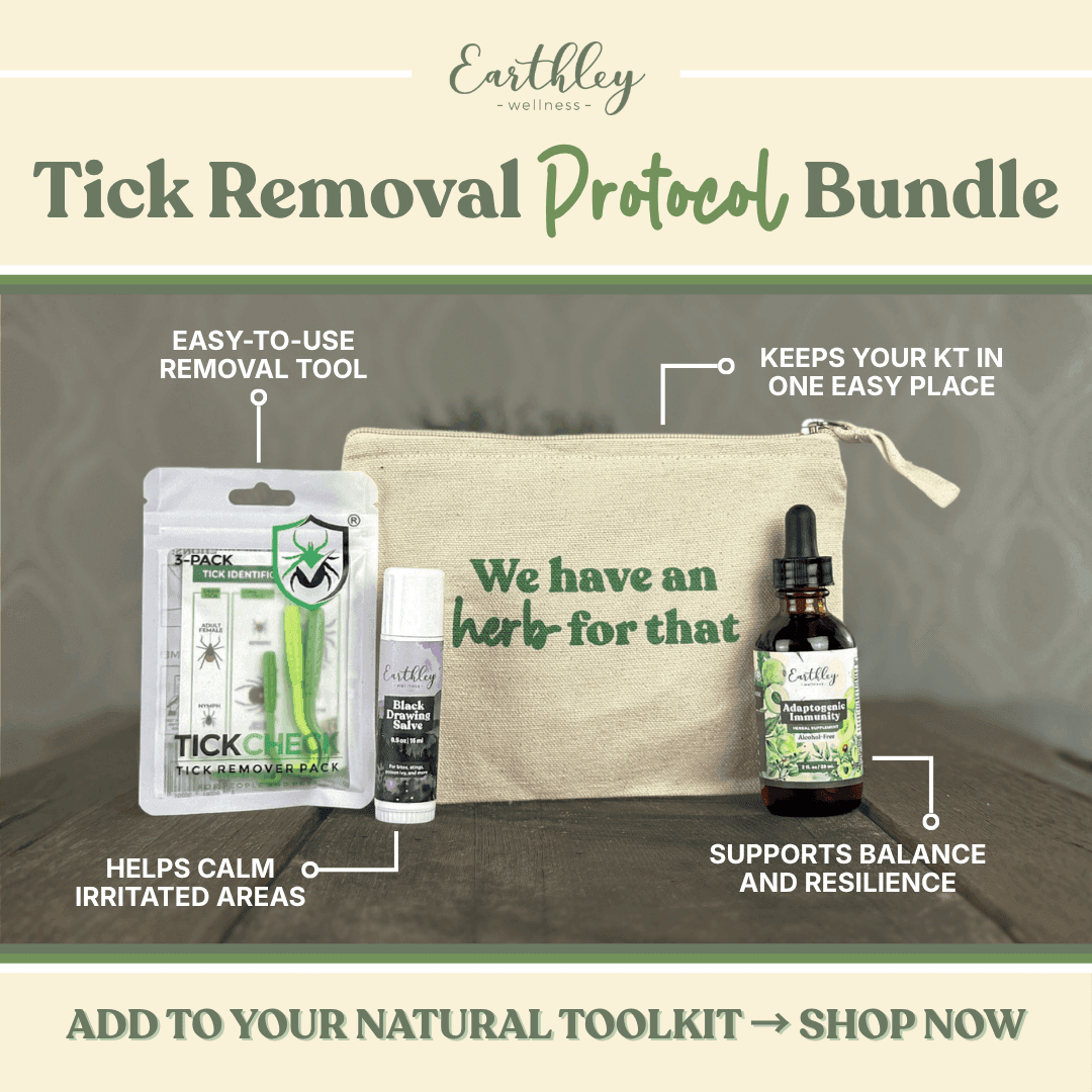 Earthley Tick Removal Protect Bundle featuring tick removal tool, healing salve, adaptogenic tincture, and canvas storage pouch