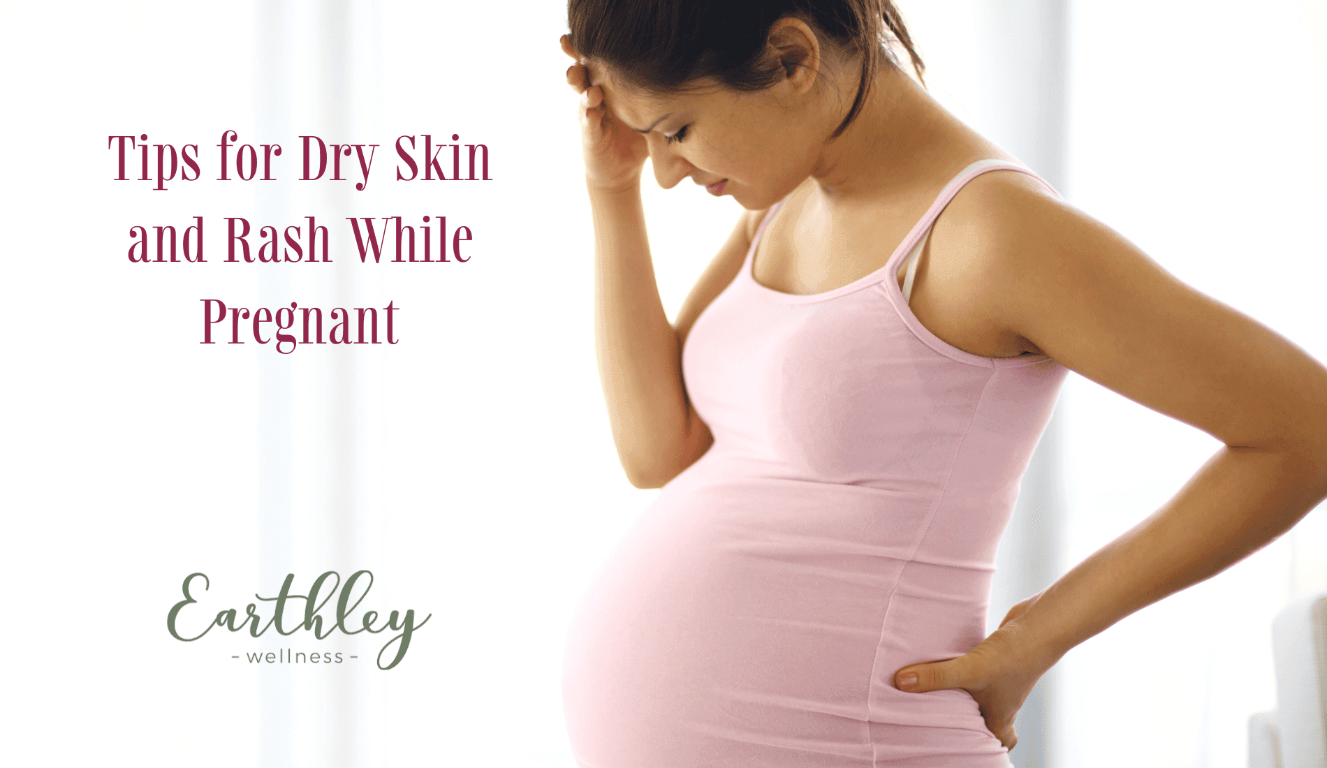 Tips for Dry Skin and Rash While Pregnant blog header showing pregnant woman in cream sweater