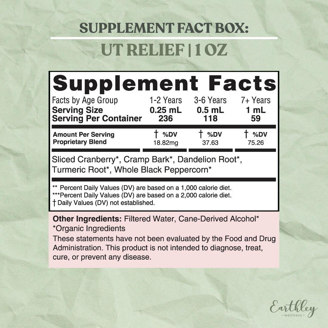 Supplement facts label for Earthley UT Relief 1oz tincture with herbal blend ingredients.