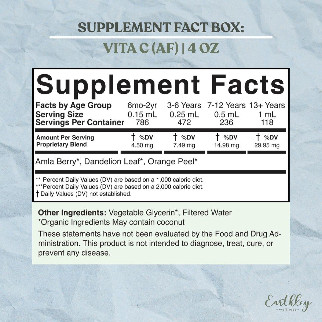 Supplement facts label for Vita C (AF) 4 oz showing age-based dosing, ingredients including amla berry, dandelion leaf, orange peel