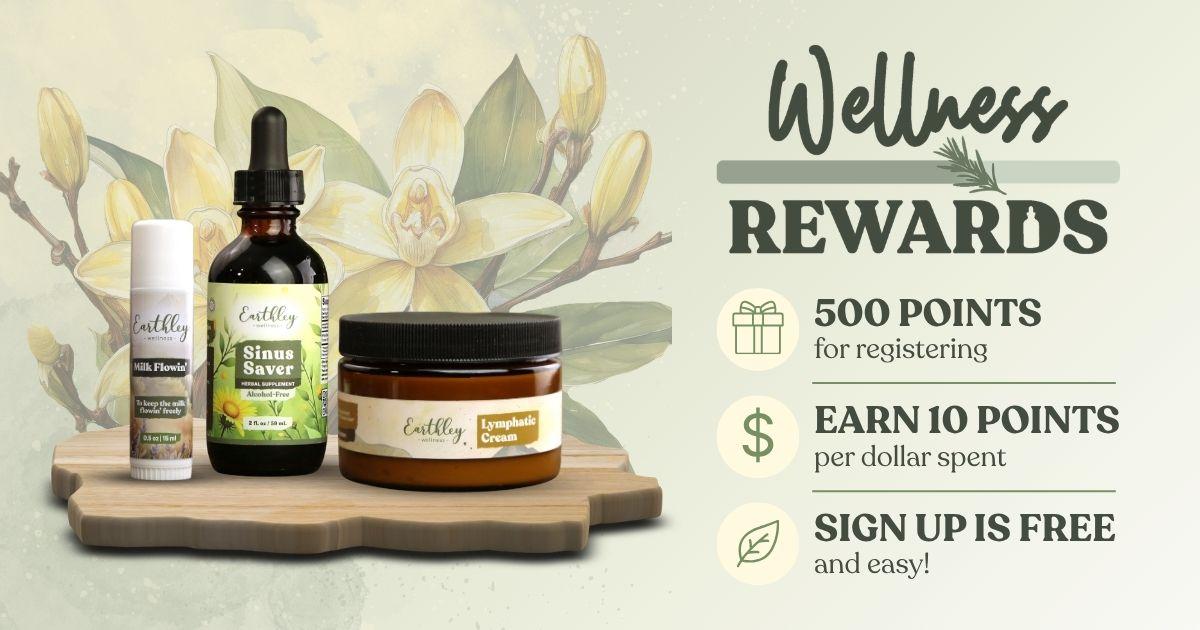 Earthley Wellness Rewards program banner with Milk Flowin', Sinus Saver, and Lymphatic Cream products
