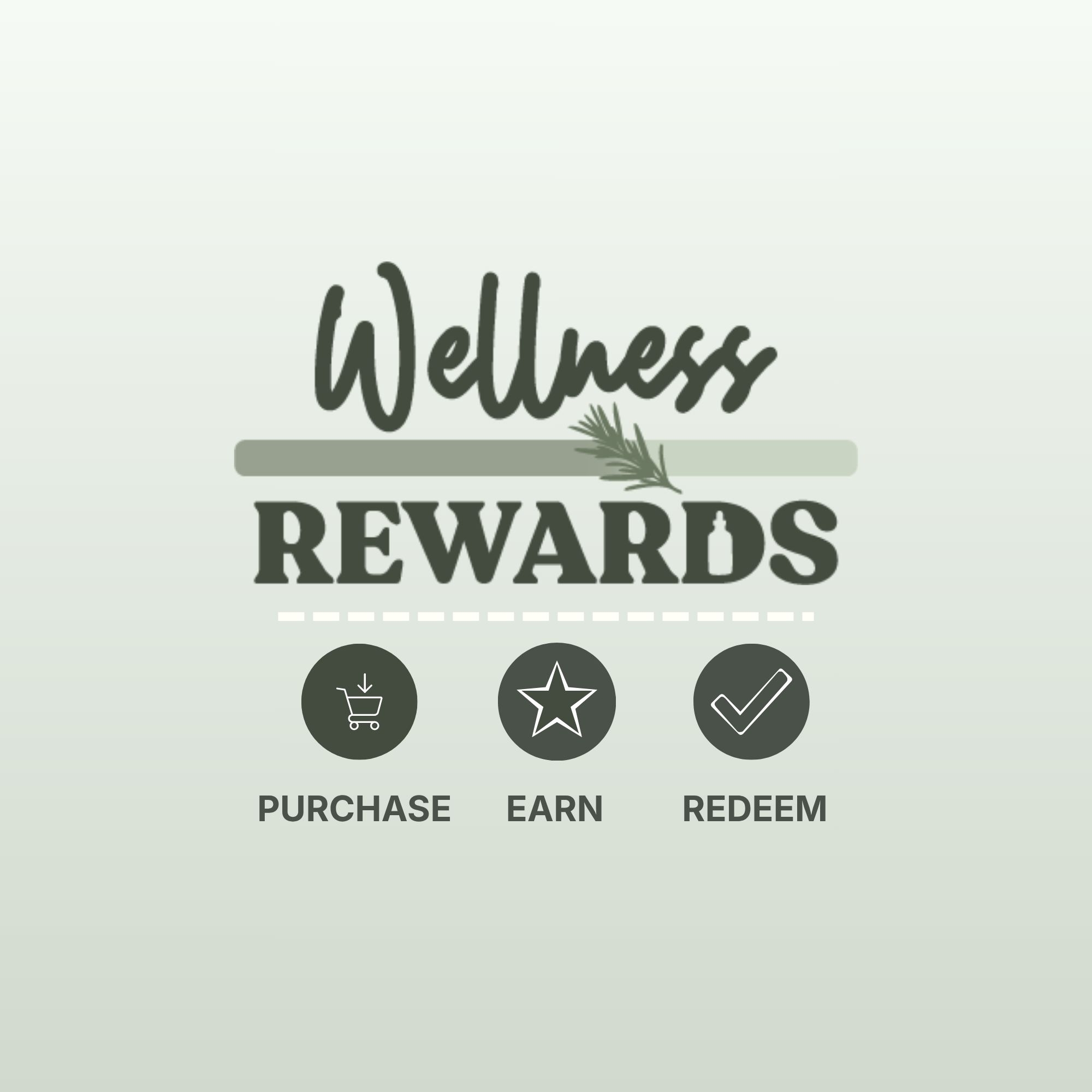 Earthley Wellness Rewards program graphic: Purchase, Earn, and Redeem icons with herbal accent