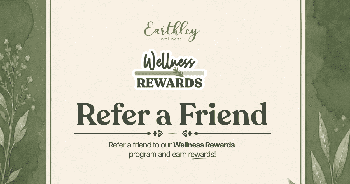 Earthley Wellness Rewards refer-a-friend program promotional banner with botanical illustrations