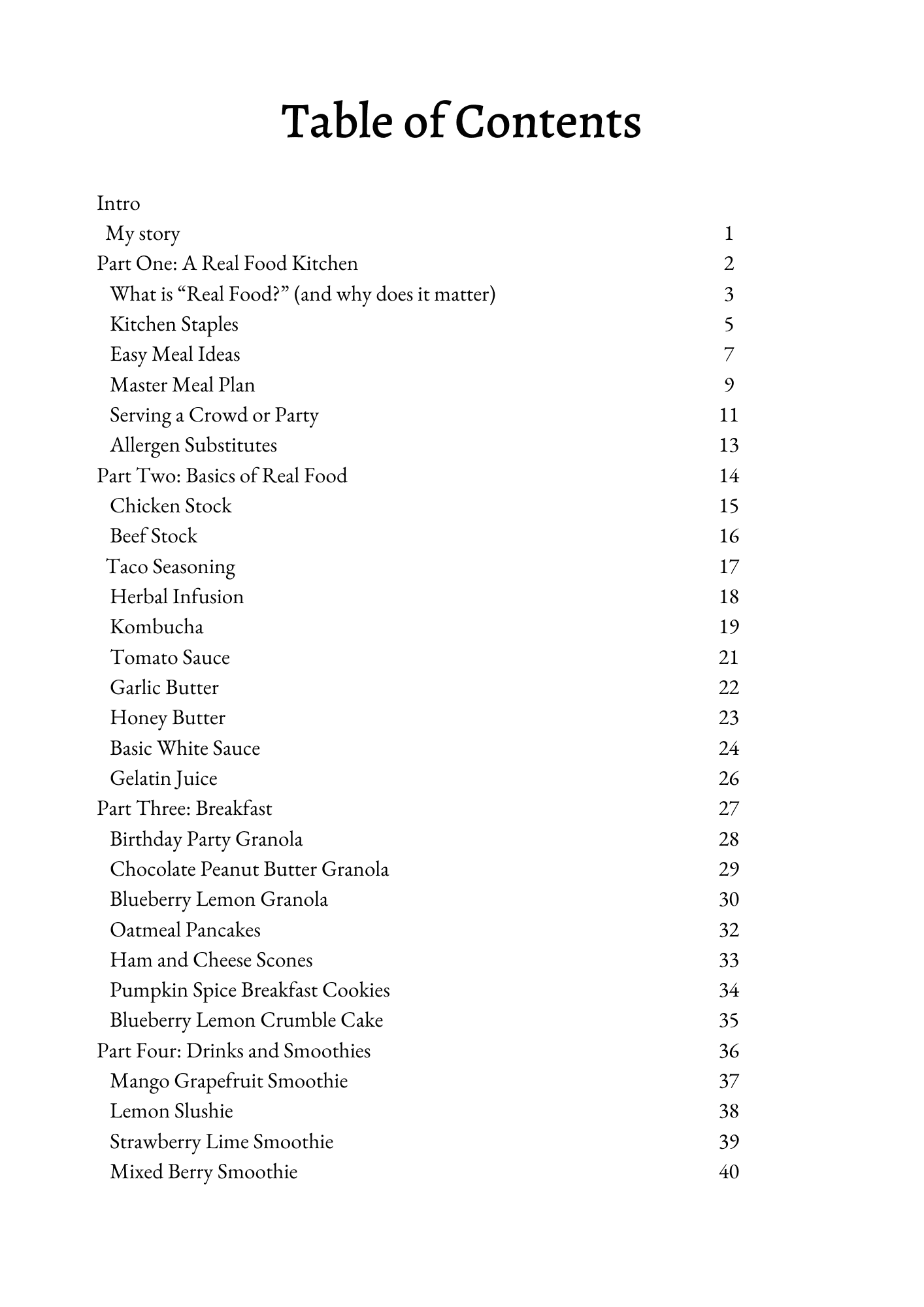 Table of Contents for real food cookbook with sections on kitchen basics, stocks, breakfast recipes, and smoothies