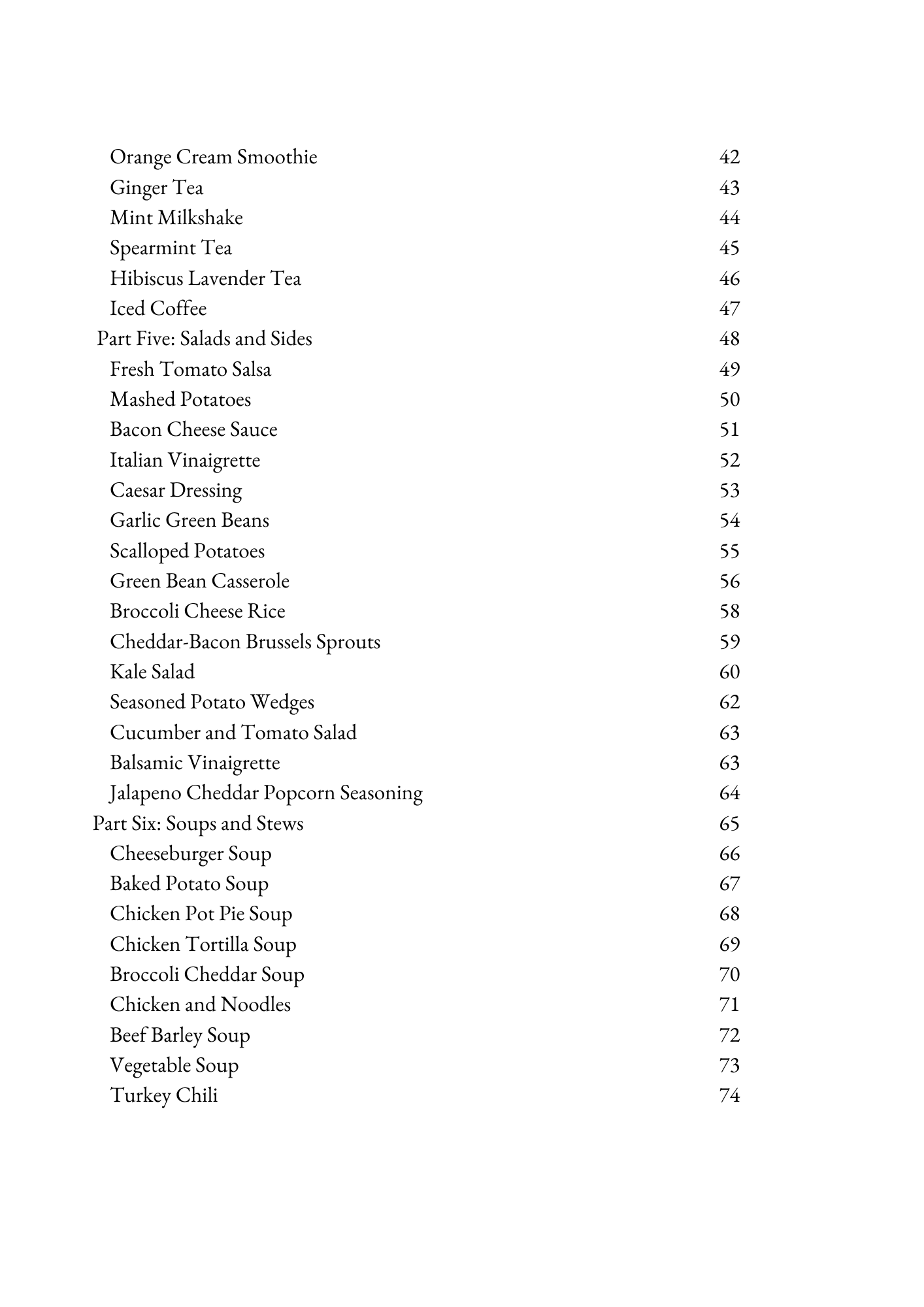 Table of contents showing recipe categories including beverages, salads, sides, soups and stews with page numbers