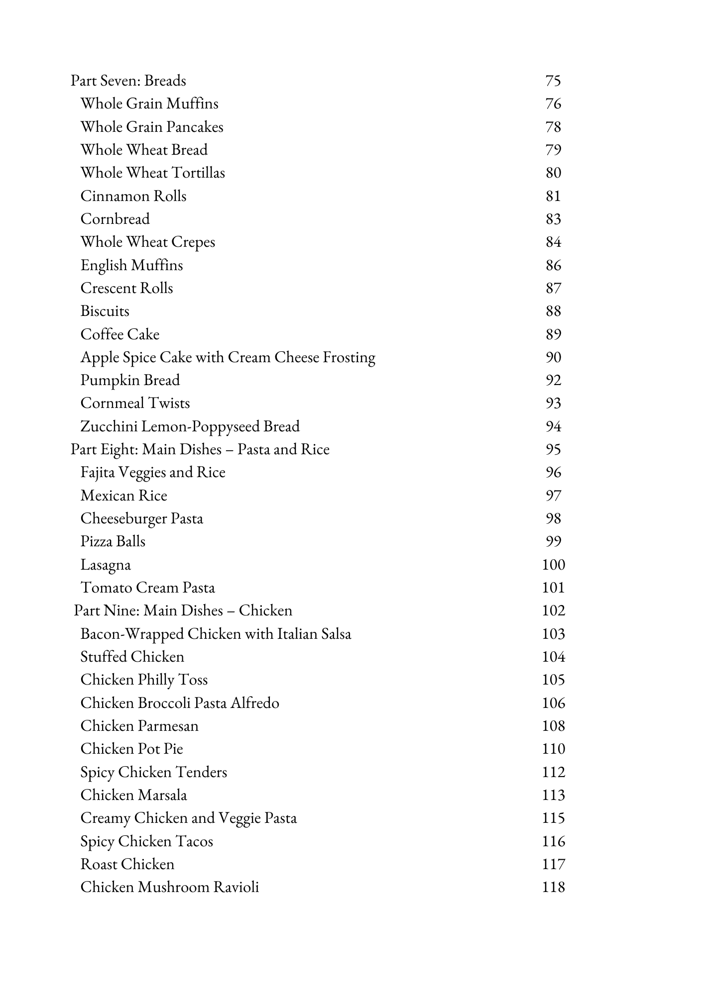 Table of contents showing recipe categories for breads, pasta dishes, and chicken entrees with page numbers