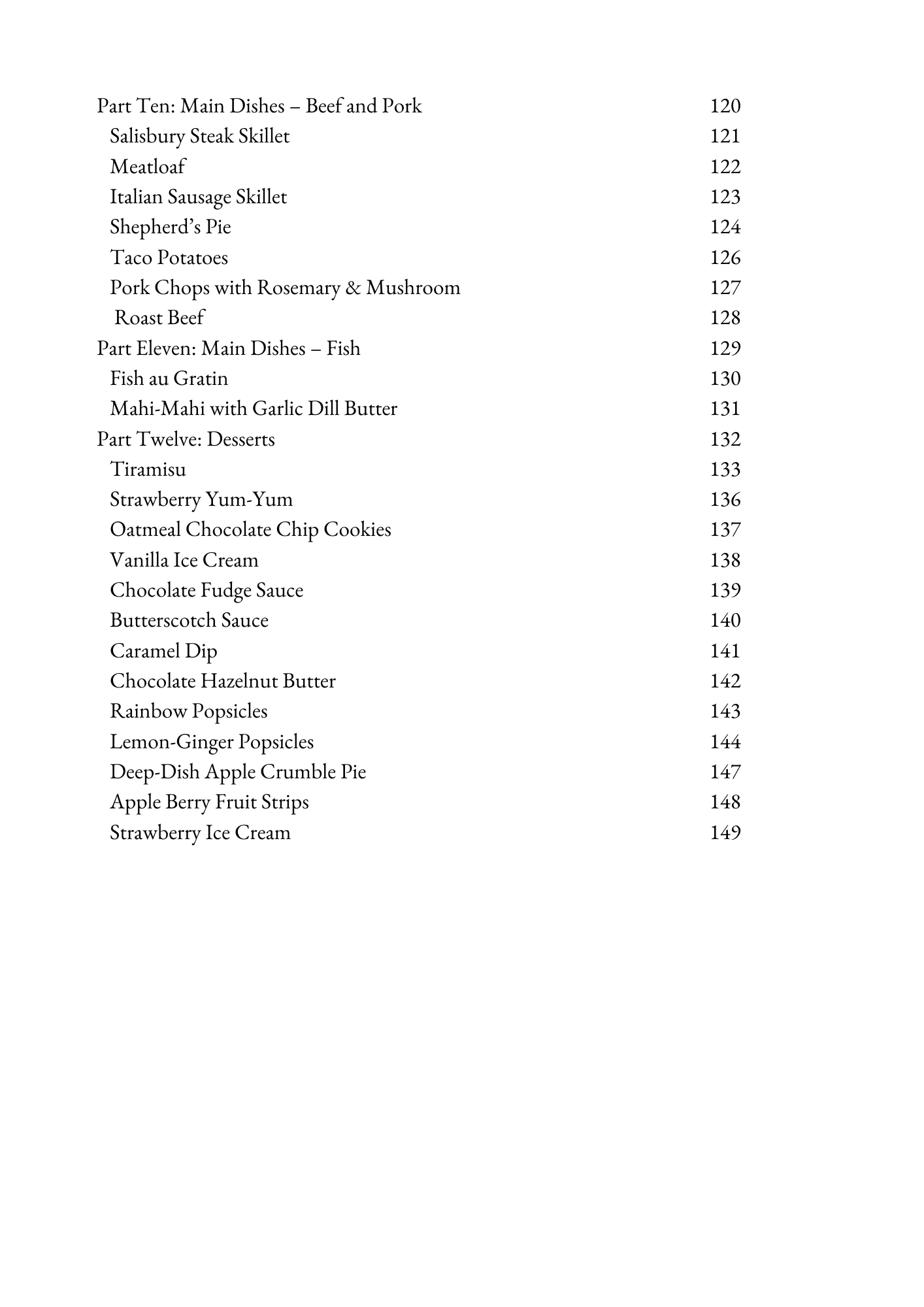 Recipe cookbook table of contents showing main dishes, fish recipes, and desserts with page numbers