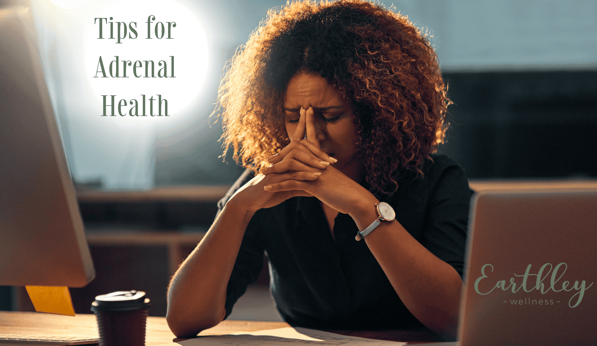 Adrenal Health blog header with orange sunrise sky showing woman in gray athletic wear doing yoga