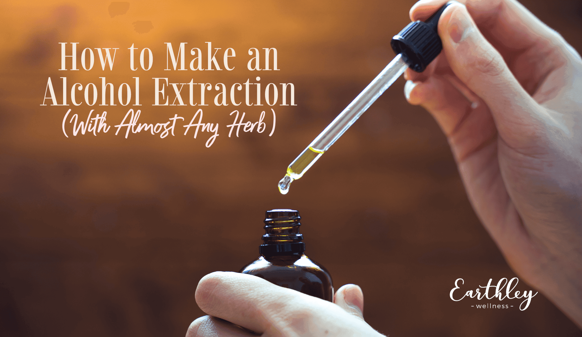 How to Make an Alcohol Extraction tutorial showing hands holding amber brown glass dropper bottle with golden tincture against warm brown background