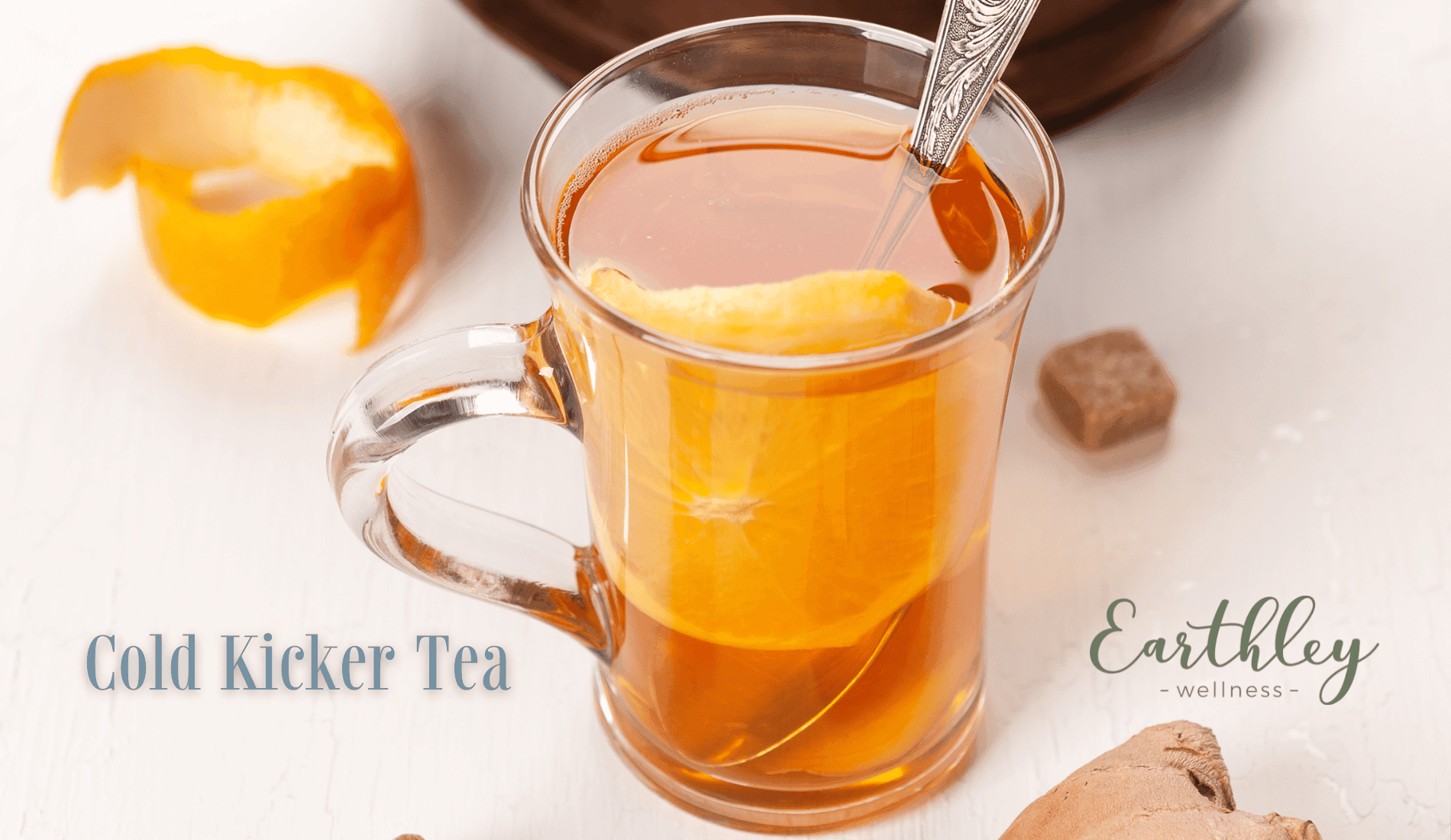 Cold Kicker Tea recipe showing golden amber tea in clear glass cup with brown ginger slices