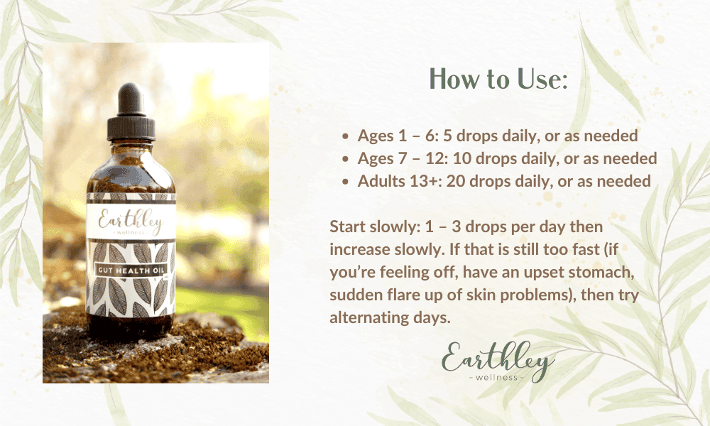 Gut Health Oil usage instructions showing dosage by age and how to use with product bottle image