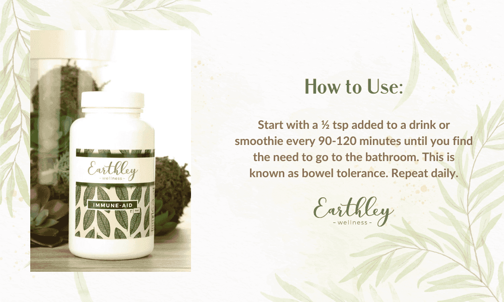 Immune-Aid usage instructions showing how to add to drinks and find bowel tolerance