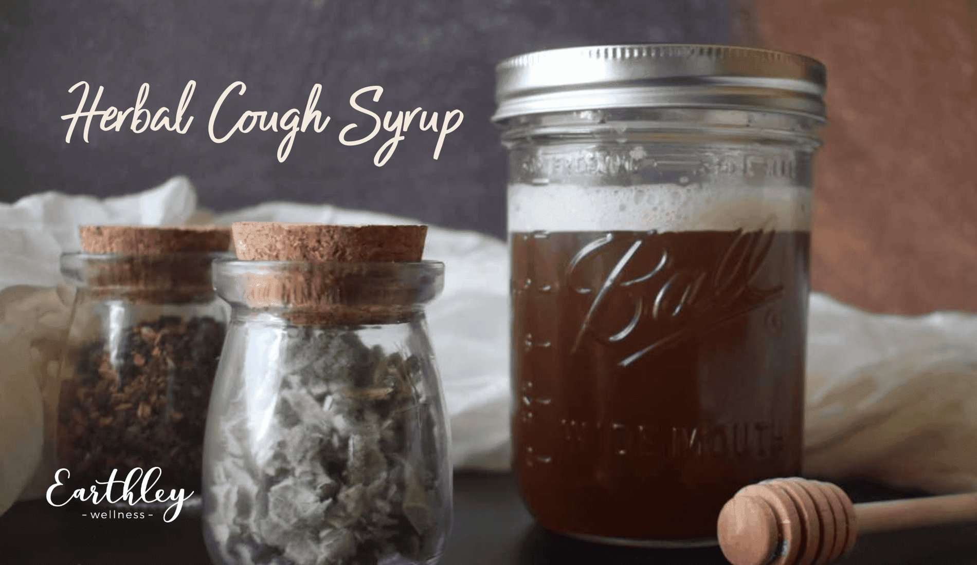 Herbal Cough Syrup recipe showing brown honey-colored syrup in glass mason jar with dried herbs in dark jar and wooden honey dipper on gray slate background