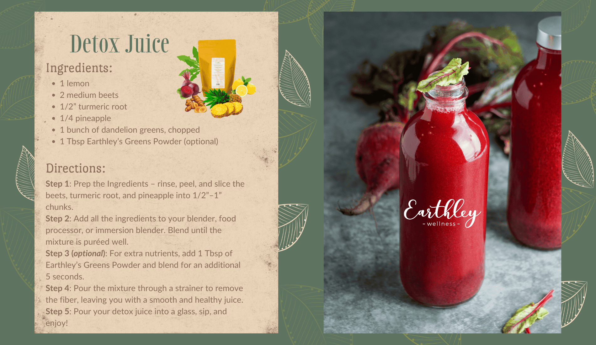 Detox Juice recipe card with tan parchment background showing red magenta beet juice in glass bottles with green herbs, red apple, and yellow ginger ingredients