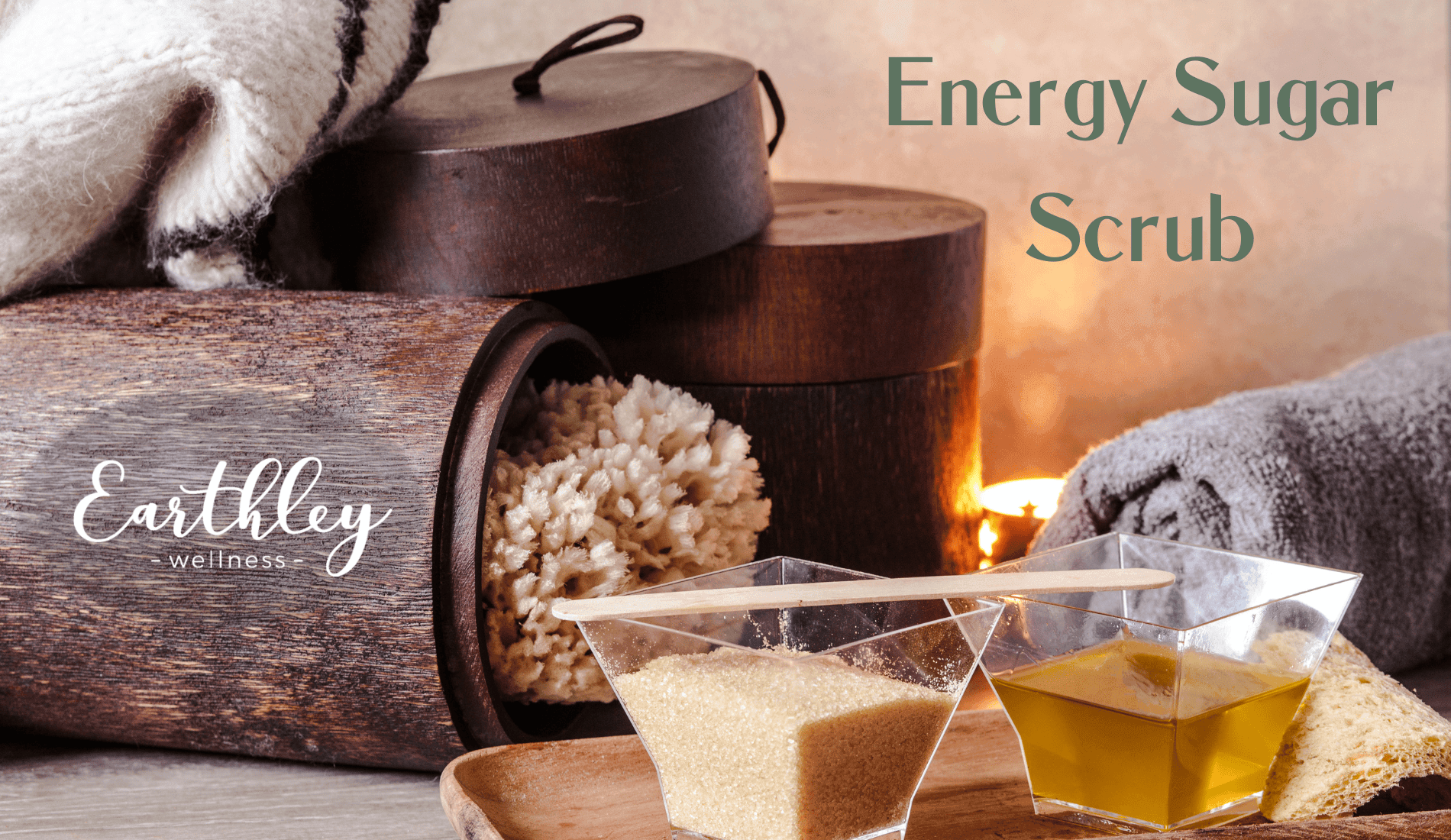 DIY Energy Sugar Scrub recipe header showing homemade body scrub in wooden container with spa accessories and fireplace in background