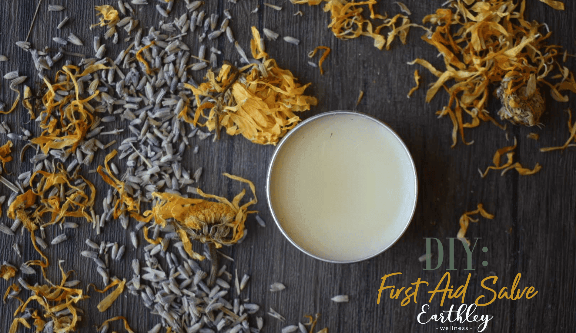 Earthley First Aid Salve 2oz amber jar with green botanical label for natural treatment of minor cuts scrapes and skin irritations