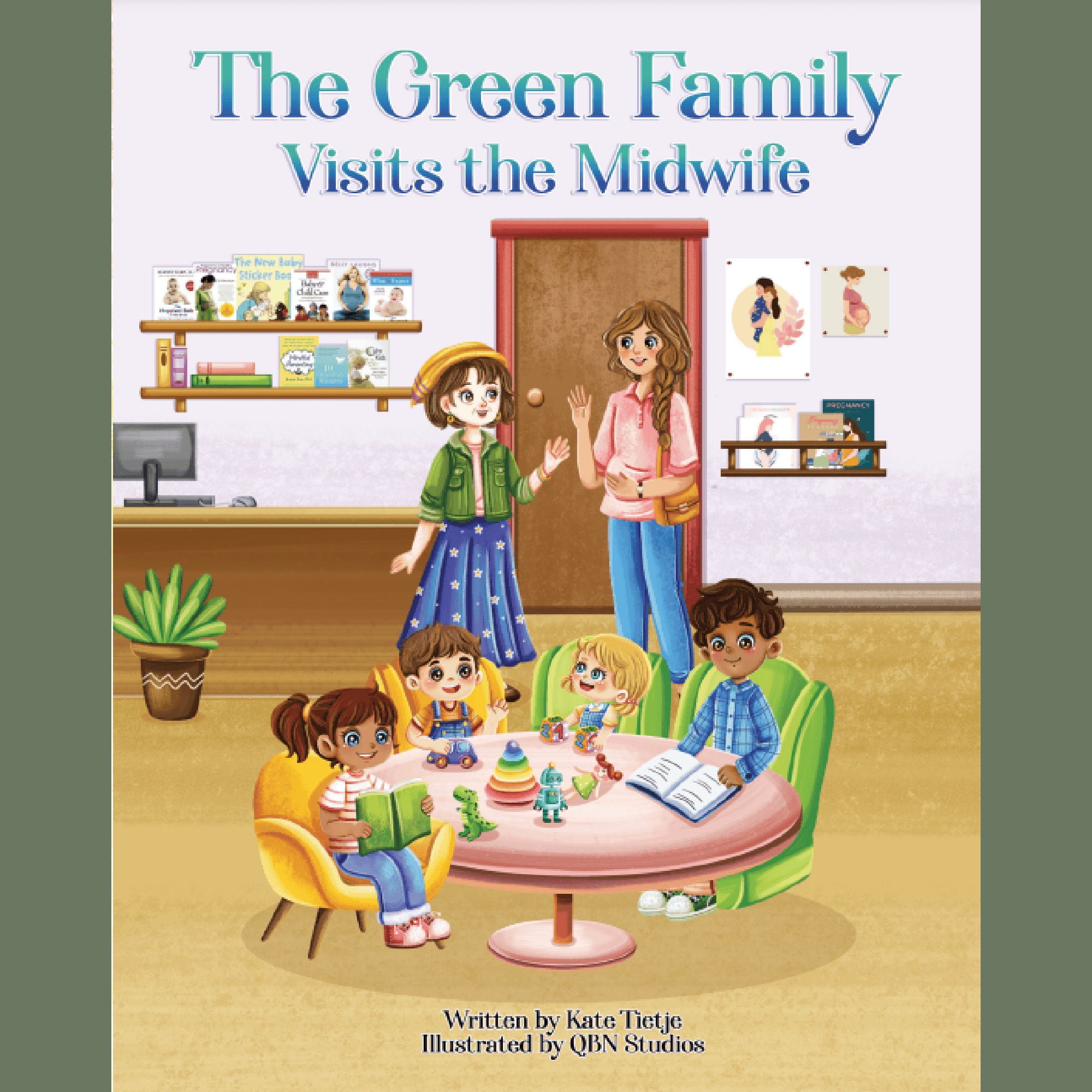 Children's book cover showing cartoon family with pregnant mother visiting midwife in cozy office setting
