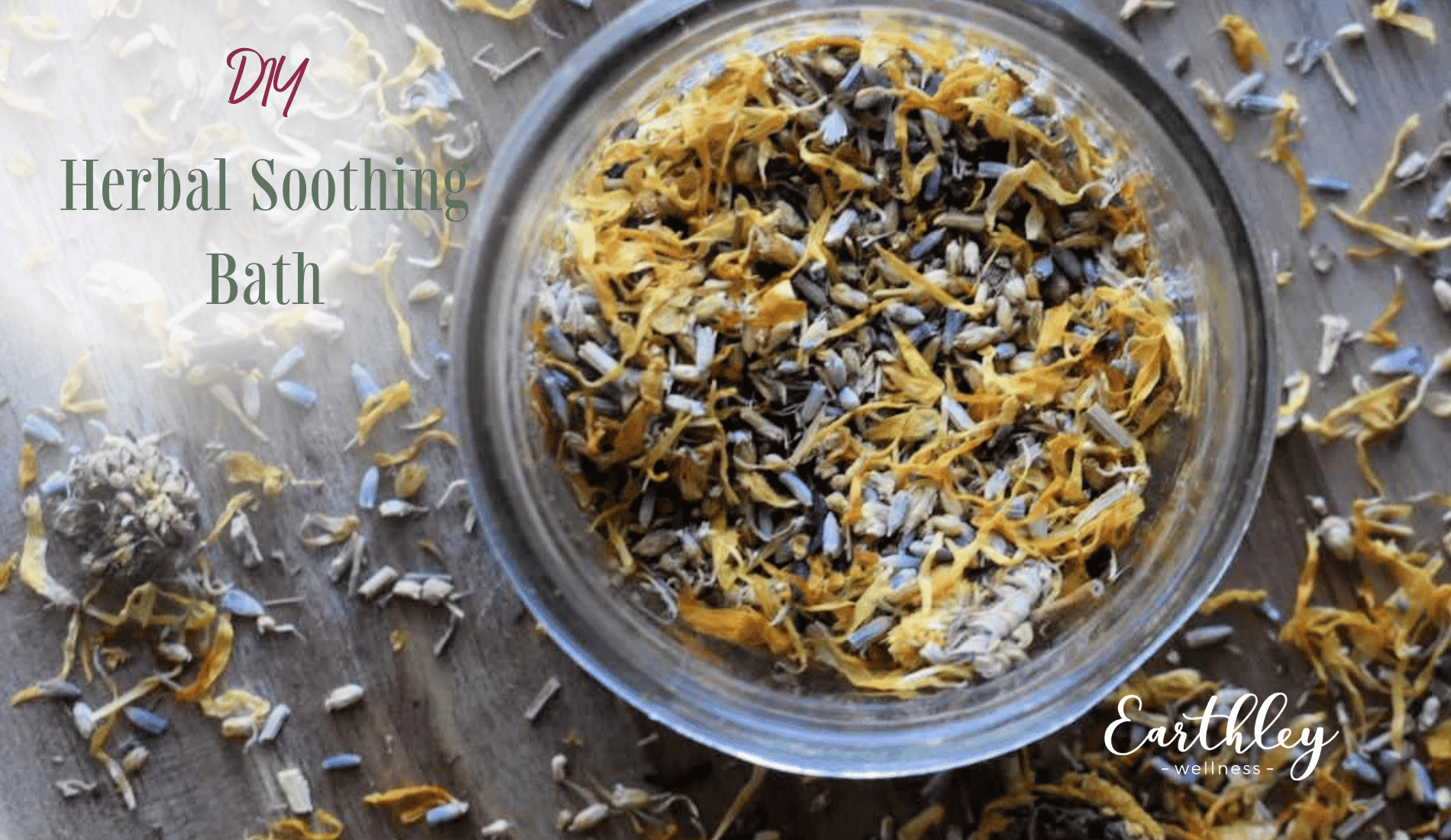 DIY Herbal Soothing Bath recipe graphic showing homemade bath blend ingredients and relaxation instructions