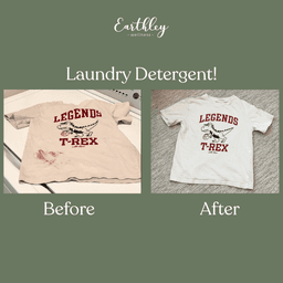 Before and after comparison showing stained white t-shirt cleaned to pristine condition using Earthley natural laundry detergent