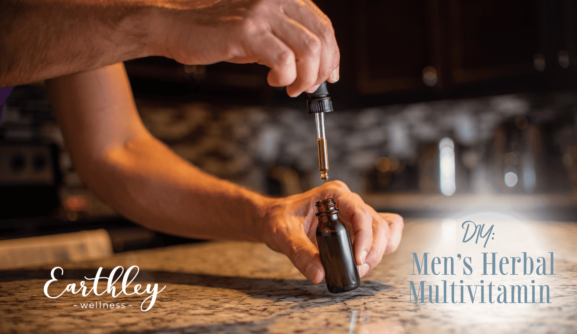 DIY Mens Herbal Multivitamin recipe showing hands filling amber brown capsules with herbal powder in brown granite kitchen with gray countertops