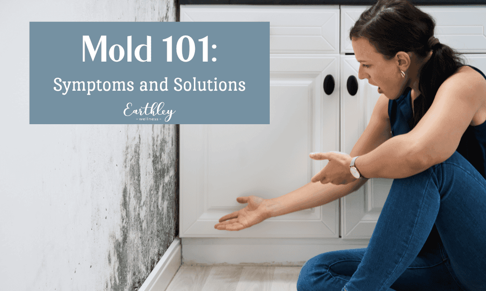 Mold 101 Symptoms and Solutions blog header with photo of woman in navy blue examining black mold growth on white kitchen wall cabinet
