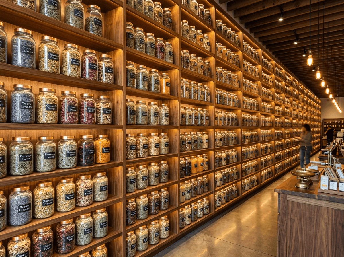 Expansive wall of wooden shelves filled with hundreds of glass jars containing labeled herbs and natural remedies in an apothecary