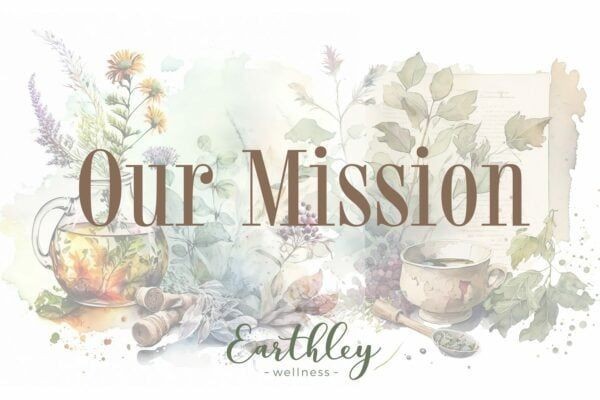 Our Mission banner with watercolor illustration of herbal tea cup mortar and pestle and botanical elements