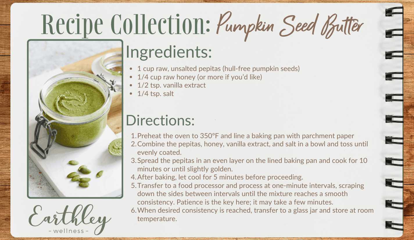 Recipe Collection Pumpkin Seed Butter card showing ingredients directions and green seed butter in jar