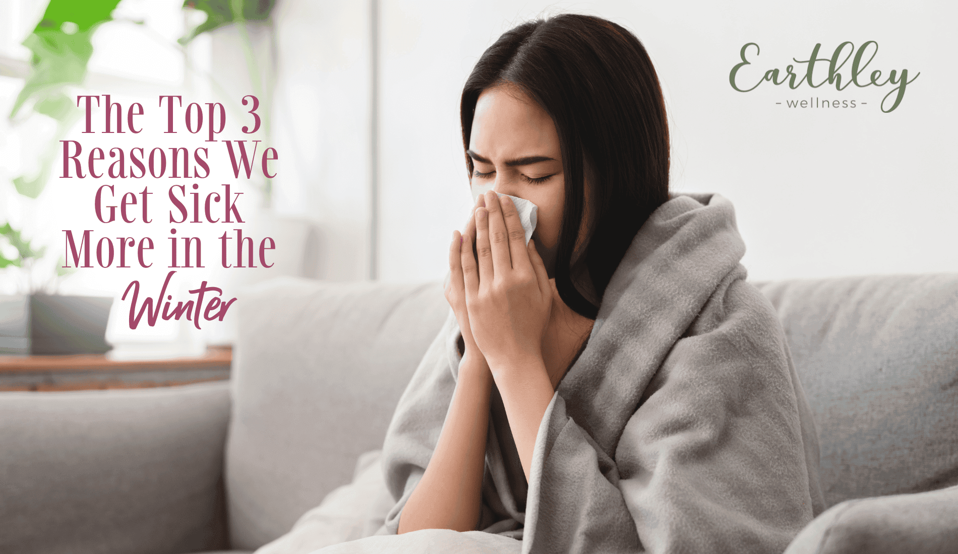 Winter Wellness blog header showing person in gray scarf holding brown ceramic mug in snow