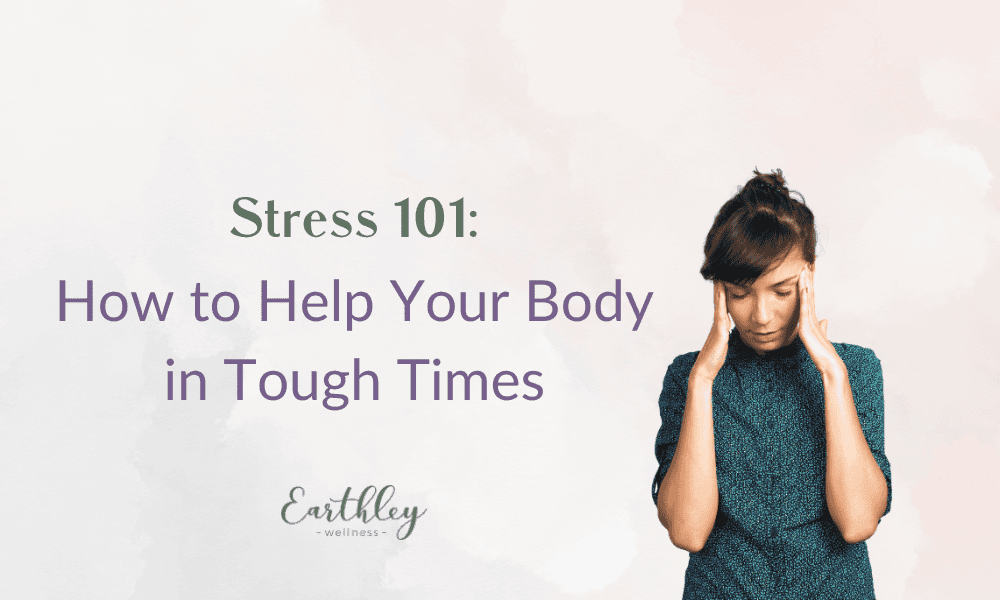 Stress 101 How to Help Your Body in Tough Times blog header with soft pink watercolor background showing woman in teal sweater with brown hair bun holding temples in stress pose