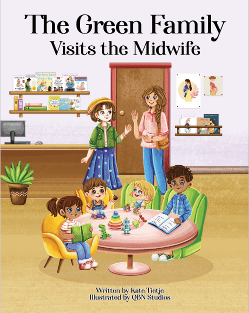 Cover of The Green Family Visits the Midwife children's book showing illustrated family with mother, children, and midwife in waiting room with toys and books, written by Kate Tietje