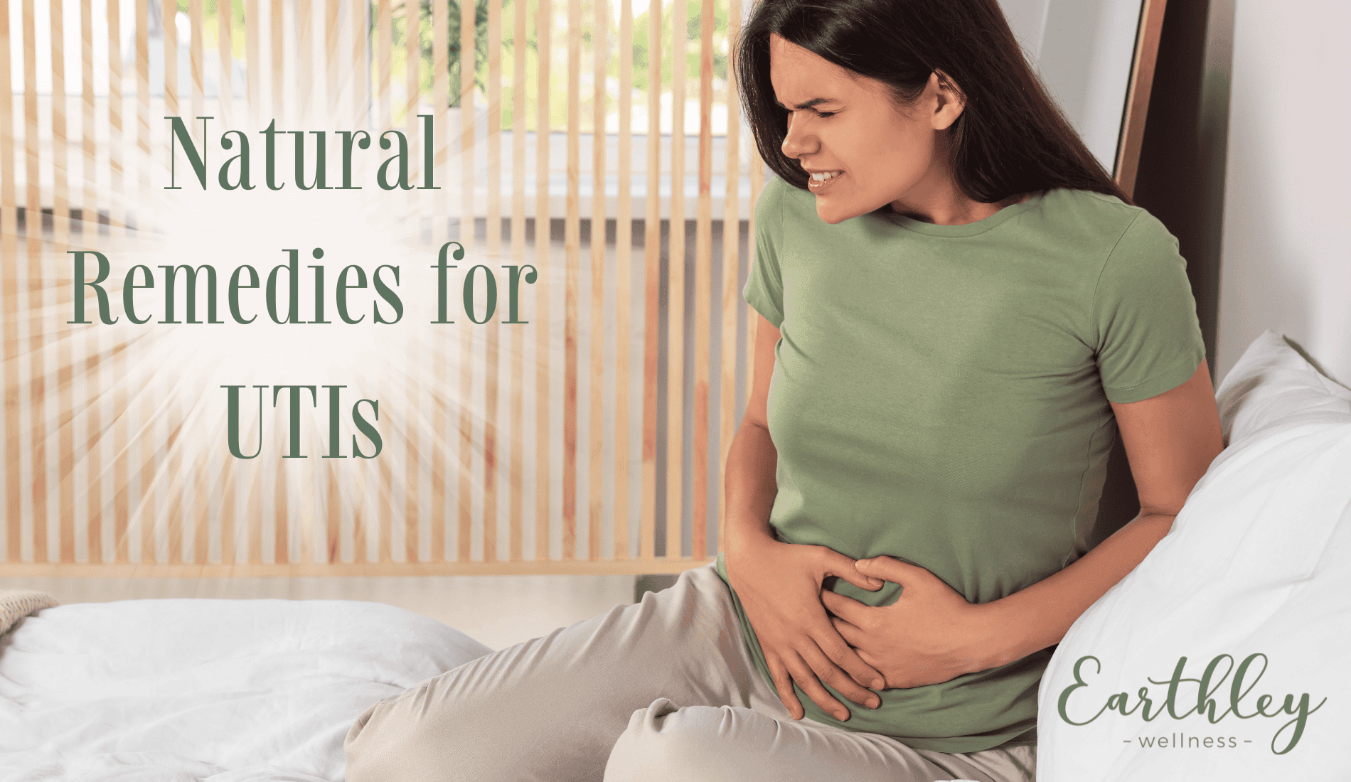 Natural Remedies for UTIs blog header showing woman in white experiencing lower abdominal discomfort
