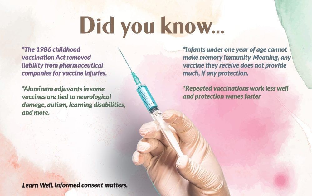 Earthley Vaccine Education Card Did You Know with pink green and peach watercolor background showing white gloved hand holding teal blue syringe with vaccine information facts and brown gray text