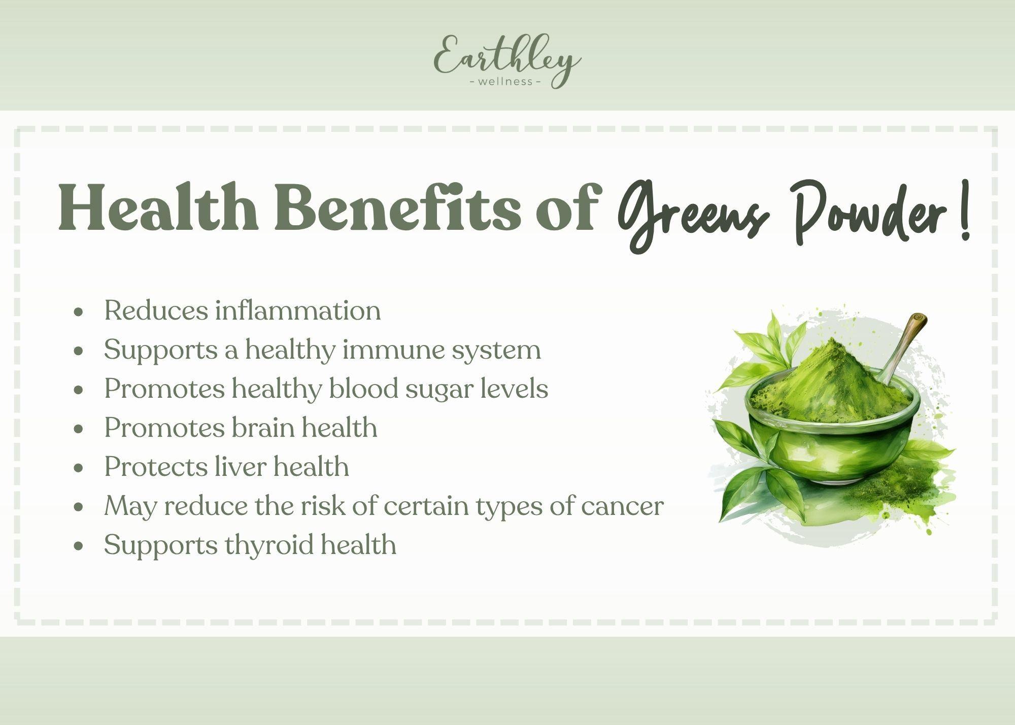 Green powder in mortar and pestle with fresh leaves, illustrating health benefits list for Earthley Wellness